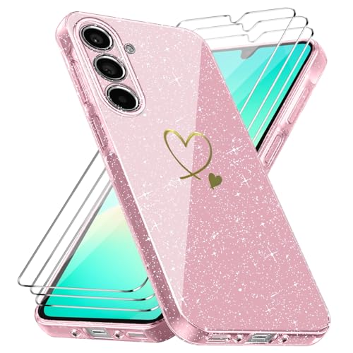Handyhülle Kompatibel mit Samsung Galaxy A26 4G / 5G mit 3 Stücke Schutzfolie, Weich TPU Anti-Fingerabdruck Hülle, Glitzer und Absturzsicherung Schutzhülle (Rosa) von crisant