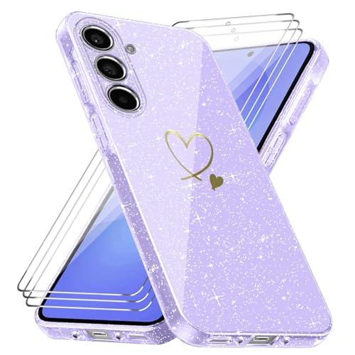Handyhülle Kompatibel mit Samsung Galaxy A36/ Samsung Galaxy A56 4G / 5G mit 3 Stücke Schutzfolie, Weich TPU Anti-Fingerabdruck Hülle, Glitzer und Absturzsicherung Schutzhülle (Lila) von crisant