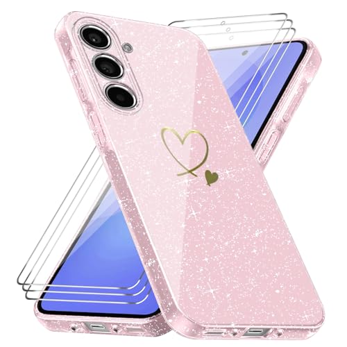 Handyhülle Kompatibel mit Samsung Galaxy A36/ Samsung Galaxy A56 4G / 5G mit 3 Stücke Schutzfolie, Weich TPU Anti-Fingerabdruck Hülle, Glitzer und Absturzsicherung Schutzhülle (Rosa) von crisant