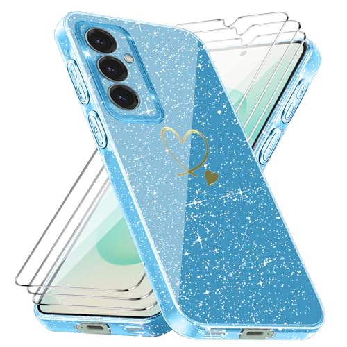 Handyhülle Kompatibel mit Samsung Galaxy S25/ Samsung Galaxy S24 5G mit 3 Stücke Schutzfolie, Weich TPU Anti-Fingerabdruck Hülle, Glitzer und Absturzsicherung Schutzhülle (Blau) von crisant