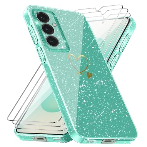 Handyhülle Kompatibel mit Samsung Galaxy S25/ Samsung Galaxy S24 5G mit 3 Stücke Schutzfolie, Weich TPU Anti-Fingerabdruck Hülle, Glitzer und Absturzsicherung Schutzhülle (Grün) von crisant