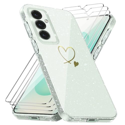 Handyhülle Kompatibel mit Samsung Galaxy S25/ Samsung Galaxy S24 5G mit 3 Stücke Schutzfolie, Weich TPU Anti-Fingerabdruck Hülle, Glitzer und Absturzsicherung Schutzhülle (Transparent) von crisant