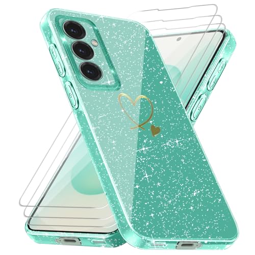 Handyhülle Kompatibel mit Samsung Galaxy S25 Plus / S25+ 5G (Nicht für S25) mit 3 Stücke Schutzfolie, Weich TPU Anti-Fingerabdruck Hülle, Glitzer und Absturzsicherung Schutzhülle (Grün) von crisant
