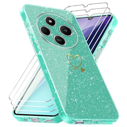 Handyhülle Kompatibel mit Xiaomi Redmi 14C/ Poco C75 / Redmi A4 5G mit 3 Stücke Schutzfolie, Weich TPU Anti-Fingerabdruck Hülle, Glitzer und Absturzsicherung Schutzhülle (Grün) von crisant