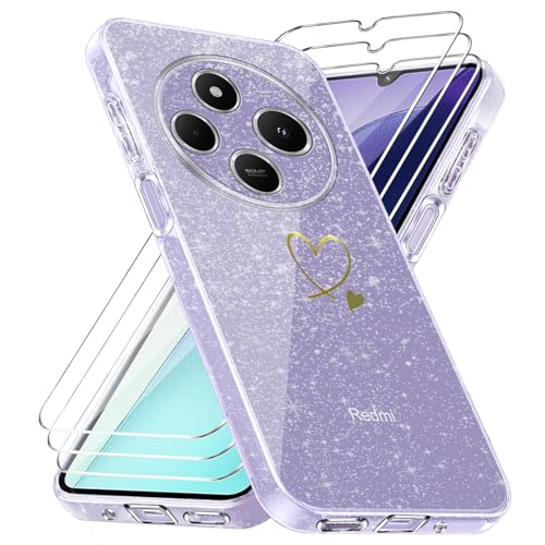Handyhülle Kompatibel mit Xiaomi Redmi 14C/ Poco C75 / Redmi A4 5G mit 3 Stücke Schutzfolie, Weich TPU Anti-Fingerabdruck Hülle, Glitzer und Absturzsicherung Schutzhülle (Lila) von crisant