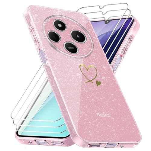 Handyhülle Kompatibel mit Xiaomi Redmi 14C/ Poco C75 / Redmi A4 5G mit 3 Stücke Schutzfolie, Weich TPU Anti-Fingerabdruck Hülle, Glitzer und Absturzsicherung Schutzhülle (Rosa) von crisant