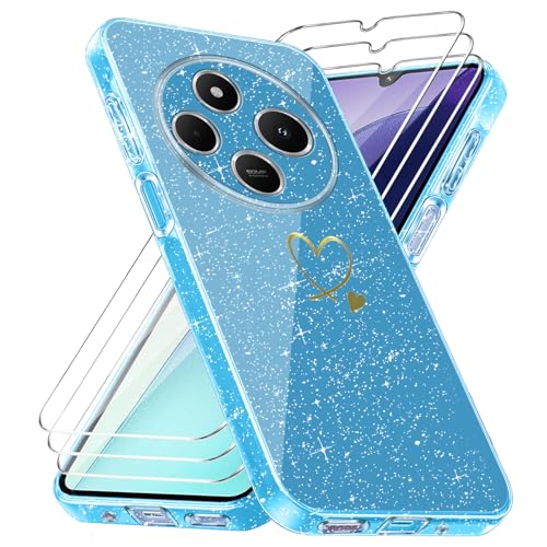 Handyhülle Kompatibel mit Xiaomi Redmi 14C/ Poco C75 / Redmi A4 5G mit 3 Stücke Schutzfolie, Weich TPU Anti-Fingerabdruck Hülle, Glitzer und Absturzsicherung Schutzhülle (Blau) von crisant