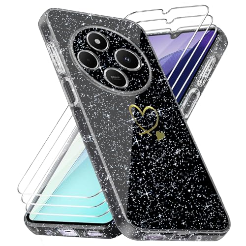 Handyhülle Kompatibel mit Xiaomi Redmi 14C/ Poco C75 / Redmi A4 5G mit 3 Stücke Schutzfolie, Weich TPU Anti-Fingerabdruck Hülle, Glitzer und Absturzsicherung Schutzhülle (Schwarz) von crisant