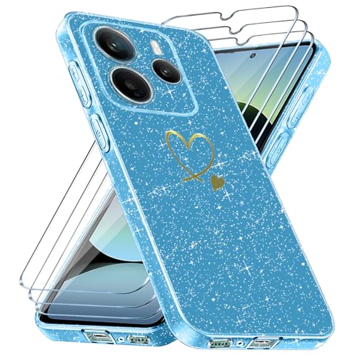 Handyhülle Kompatibel mit Xiaomi Redmi Note 14 5G (Nicht für 4G) mit 3 Stücke Schutzfolie, Weich TPU Anti-Fingerabdruck Hülle, Glitzer und Absturzsicherung Schutzhülle (Blau) von crisant