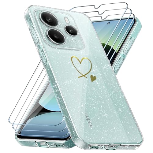 crisant Handyhülle Kompatibel mit Xiaomi Redmi Note 14 5G (Nicht für 4G) mit 3 Stücke Schutzfolie, Weich TPU Anti-Fingerabdruck Hülle, Glitzer und Absturzsicherung Schutzhülle (Transparent) von crisant