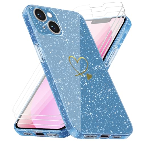 Handyhülle Kompatibel mit iPhone 13 mit 3 Stücke Schutzfolie, Weich TPU Anti-Fingerabdruck Hülle, Glitzer und Absturzsicherung Schutzhülle (Blau) von crisant