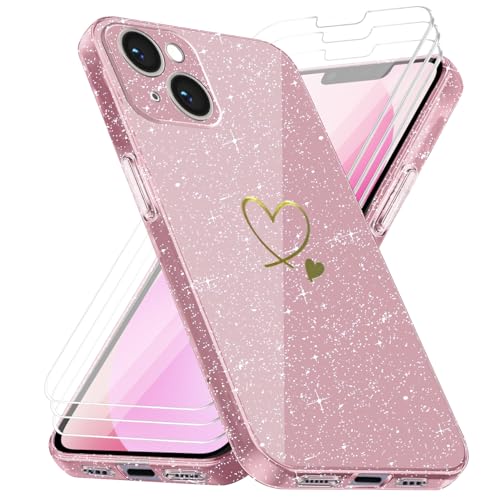Handyhülle Kompatibel mit iPhone 13 mit 3 Stücke Schutzfolie, Weich TPU Anti-Fingerabdruck Hülle, Glitzer und Absturzsicherung Schutzhülle (Rosa) von crisant