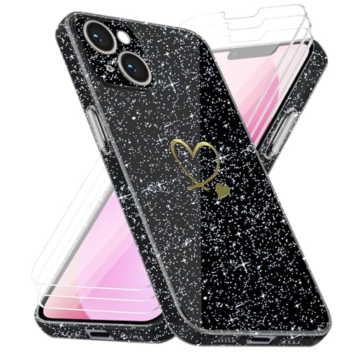 Handyhülle Kompatibel mit iPhone 13 mit 3 Stücke Schutzfolie, Weich TPU Anti-Fingerabdruck Hülle, Glitzer und Absturzsicherung Schutzhülle (Schwarz) von crisant