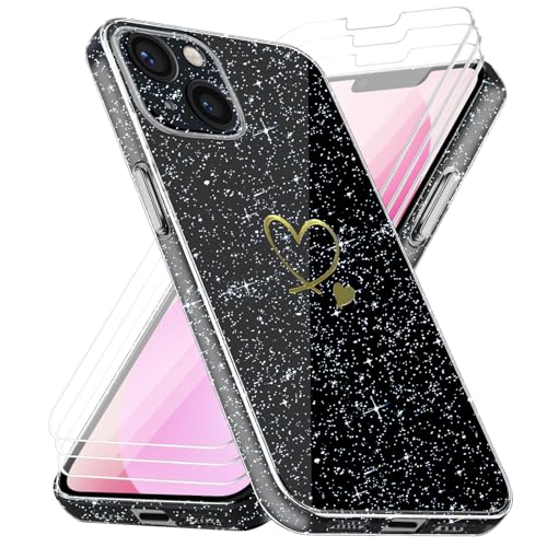 crisant Handyhülle Kompatibel mit iPhone 13 mit 3 Stücke Schutzfolie, Weich TPU Anti-Fingerabdruck Hülle, Glitzer und Absturzsicherung Schutzhülle (Transparent) von crisant