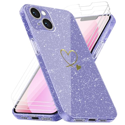 Handyhülle Kompatibel mit iPhone 13 mit 3 Stücke Schutzfolie, Weich TPU Anti-Fingerabdruck Hülle, Glitzer und Absturzsicherung Schutzhülle (Violett) von crisant