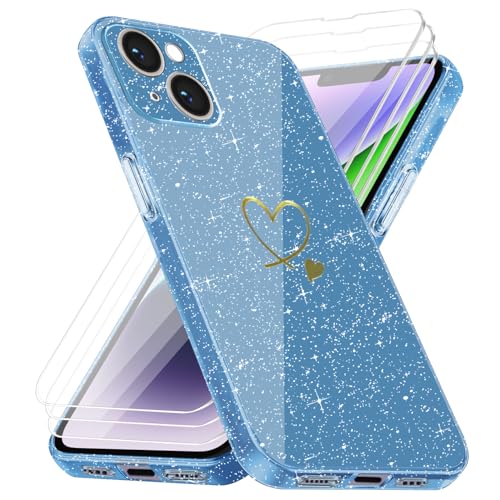 crisant Handyhülle Kompatibel mit iPhone 14 mit 3 Stücke Schutzfolie, Weich TPU Anti-Fingerabdruck Hülle, Glitzer und Absturzsicherung Schutzhülle (Blau) von crisant