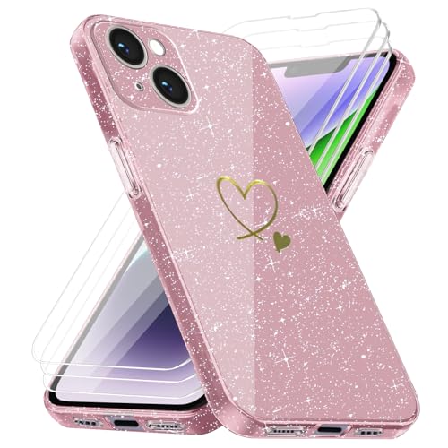 Handyhülle Kompatibel mit iPhone 14 mit 3 Stücke Schutzfolie, Weich TPU Anti-Fingerabdruck Hülle, Glitzer und Absturzsicherung Schutzhülle (Rosa) von crisant