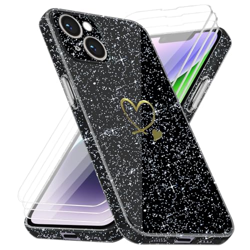 Handyhülle Kompatibel mit iPhone 14 mit 3 Stücke Schutzfolie, Weich TPU Anti-Fingerabdruck Hülle, Glitzer und Absturzsicherung Schutzhülle (Schwarz) von crisant