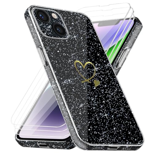 Handyhülle Kompatibel mit iPhone 14 mit 3 Stücke Schutzfolie, Weich TPU Anti-Fingerabdruck Hülle, Glitzer und Absturzsicherung Schutzhülle (Transparent) von crisant