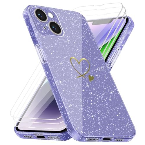 Handyhülle Kompatibel mit iPhone 14 mit 3 Stücke Schutzfolie, Weich TPU Anti-Fingerabdruck Hülle, Glitzer und Absturzsicherung Schutzhülle (Violett) von crisant