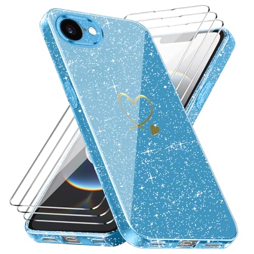 Handyhülle Kompatibel mit iPhone 16E 6,1 Zoll (2025) mit 3 Stücke Schutzfolie, Weich TPU Anti-Fingerabdruck Hülle, Glitzer und Absturzsicherung Schutzhülle (Blau) von crisant