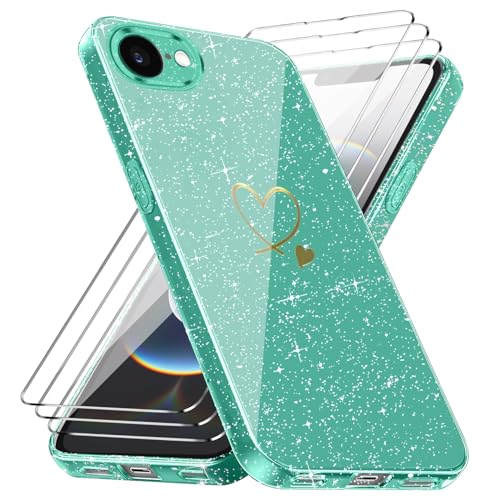 crisant Handyhülle Kompatibel mit iPhone 16E 6,1 Zoll (2025) mit 3 Stücke Schutzfolie, Weich TPU Anti-Fingerabdruck Hülle, Glitzer und Absturzsicherung Schutzhülle (Grün) von crisant