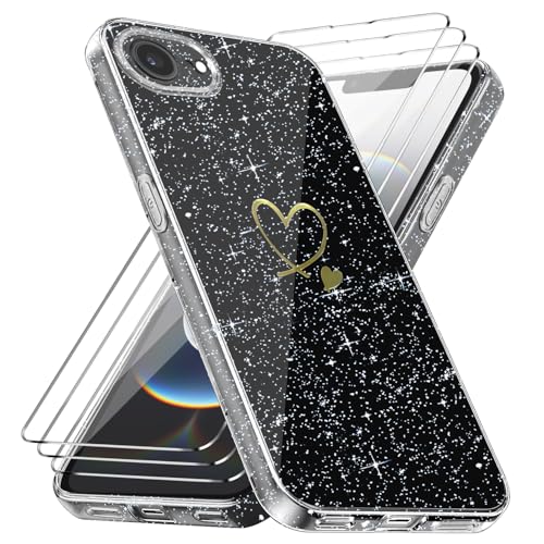 crisant Handyhülle Kompatibel mit iPhone 16E 6,1 Zoll (2025) mit 3 Stücke Schutzfolie, Weich TPU Anti-Fingerabdruck Hülle, Glitzer und Absturzsicherung Schutzhülle (Transparent) von crisant