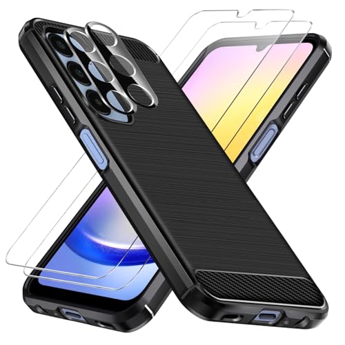 crisant Handyhülle für Samsung Galaxy A15 4G / 5G mit 2 Stücke Schutzfolie und 2 Stück Kameraschutz, Weich TPU Anti-Fingerabdruck Hülle, Stoßfest und Absturzsicherung Schutzhülle (Schwarz) von crisant