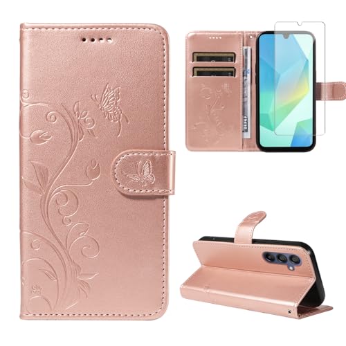 Handyhülle für Samsung Galaxy A16 4G / 5G mit 1 Stücke Schutzfolie, PU Leder Flip Hülle, Standfunktion und Kartenfach Schutzhülle für Samsung Galaxy A16 4G / 5G (Roségold) von crisant