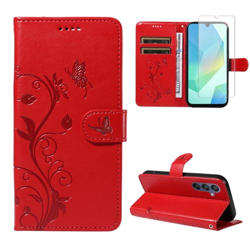Handyhülle für Samsung Galaxy A16 4G / 5G mit 1 Stücke Schutzfolie, PU Leder Flip Hülle, Standfunktion und Kartenfach Schutzhülle für Samsung Galaxy A16 4G / 5G (Rot) von crisant