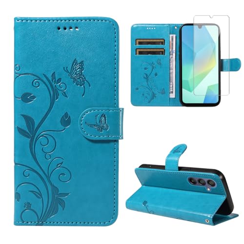 Handyhülle für Samsung Galaxy A16 4G / 5G mit 1 Stücke Schutzfolie, PU Leder Flip Hülle, Standfunktion und Kartenfach Schutzhülle für Samsung Galaxy A16 4G / 5G (Blau) von crisant