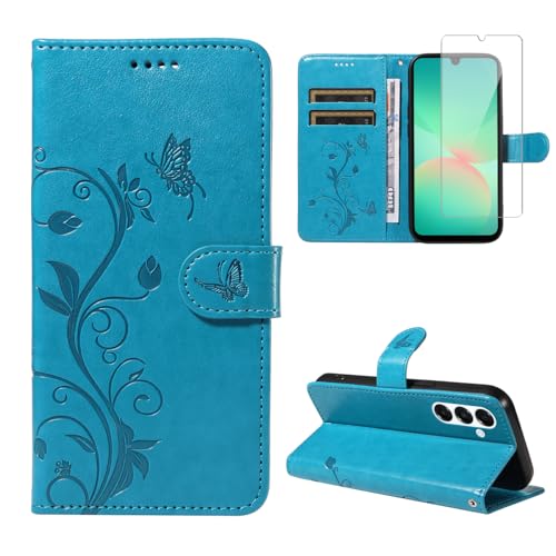 Handyhülle für Samsung Galaxy A26 4G / 5G mit 1 Stücke Schutzfolie, PU Leder Flip Hülle, Standfunktion und Kartenfach Schutzhülle für Samsung Galaxy A26 4G / 5G (Blau) von crisant
