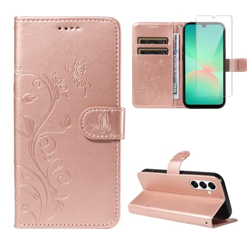 Handyhülle für Samsung Galaxy A26 4G / 5G mit 1 Stücke Schutzfolie, PU Leder Flip Hülle, Standfunktion und Kartenfach Schutzhülle für Samsung Galaxy A26 4G / 5G (Roségold) von crisant