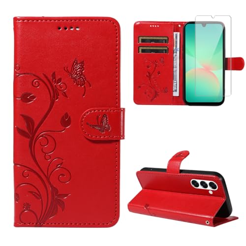 Handyhülle für Samsung Galaxy A26 4G / 5G mit 1 Stücke Schutzfolie, PU Leder Flip Hülle, Standfunktion und Kartenfach Schutzhülle für Samsung Galaxy A26 4G / 5G (Rot) von crisant