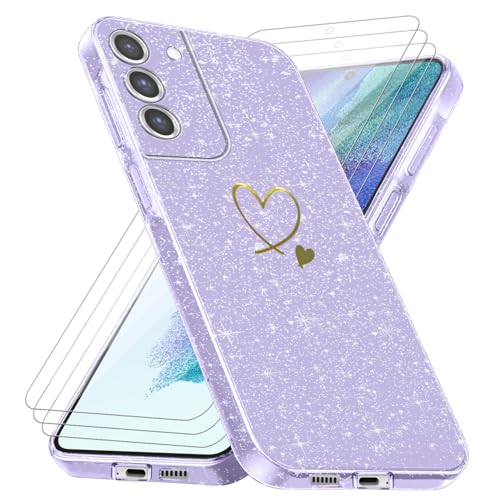 Handyhülle für Samsung Galaxy S21 FE 5G (Nicht für S21) mit 3 Stücke Schutzfolie, Weich TPU Anti-Fingerabdruck Hülle, Glitzer und Absturzsicherung Schutzhülle (Lila) von crisant