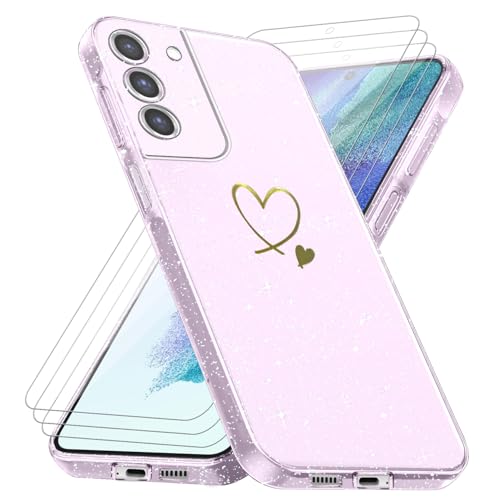 crisant Handyhülle für Samsung Galaxy S21 FE 5G (Nicht für S21) mit 3 Stücke Schutzfolie, Weich TPU Anti-Fingerabdruck Hülle, Glitzer und Absturzsicherung Schutzhülle (Transparent) von crisant