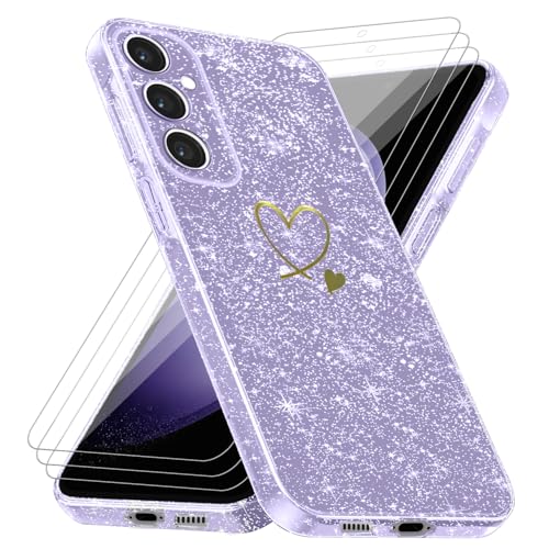 crisant Handyhülle für Samsung Galaxy S23 FE 5G (Nicht für S23) mit 3 Stücke Schutzfolie, Weich TPU Anti-Fingerabdruck Hülle, Glitzer und Absturzsicherung Schutzhülle (Lila) von crisant