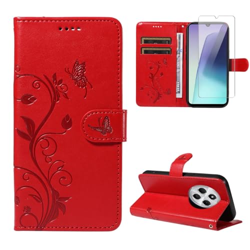 Handyhülle für Xiaomi Redmi 14C/ Poco C75 / Redmi A4 5G mit 1 Stücke Schutzfolie, PU Leder Flip Hülle, Standfunktion und Kartenfach Schutzhülle für Xiaomi Redmi 14C/ Poco C75 / Redmi A4 5G (Rot) von crisant
