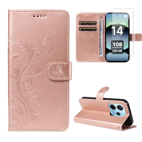 crisant Handyhülle für Xiaomi Redmi Note 14 4G Global Version (Nicht für 5G) (Nicht für EU Version) mit 1 Stücke Schutzfolie, PU Leder Flip Hülle, Standfunktion und Kartenfach Schutzhülle (Roségold) von crisant