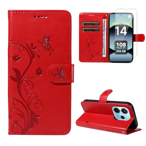 crisant Handyhülle für Xiaomi Redmi Note 14 4G Global Version (Nicht für 5G) (Nicht für EU Version) mit 1 Stücke Schutzfolie, PU Leder Flip Hülle, Standfunktion und Kartenfach Schutzhülle (Rot) von crisant