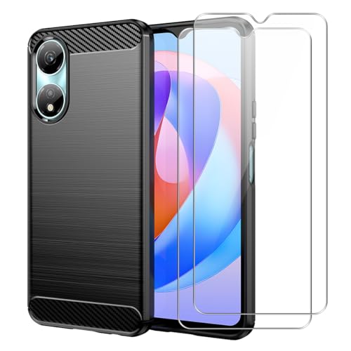 Hülle kompatibel mit Honor X5 Plus, Schwarz Weich TPU Anti-Fall Handyhülle mit Zwei Gehärtetes Glas Schutzfolie Displayschutzfolie für Honor X5 Plus von crisant