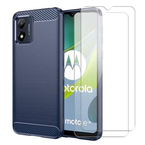 Hülle kompatibel mit Motorola Moto E13, Blau Weich TPU Anti-Fall Handyhülle mit Zwei Gehärtetes Glas Schutzfolie Displayschutzfolie für Motorola Moto E13 (6,5 Zoll) von crisant