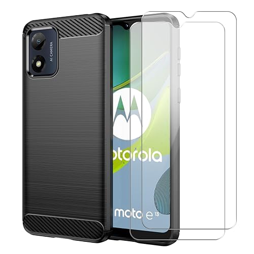 Hülle kompatibel mit Motorola Moto E13, Schwarz Weich TPU Anti-Fall Handyhülle mit Zwei Gehärtetes Glas Schutzfolie Displayschutzfolie für Motorola Moto E13 (6,5 Zoll) von crisant