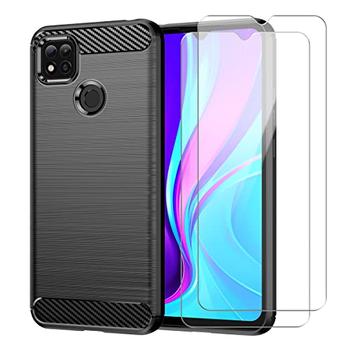 Hülle kompatibel mit Xiaomi Redmi 10A / 9C / 9C NFC, Schwarz Weich TPU Anti-Fall Handyhülle mit Zwei Gehärtetes Glas Schutzfolie Displayschutzfolie für Xiaomi Redmi 10A (6,53 Zoll) von crisant