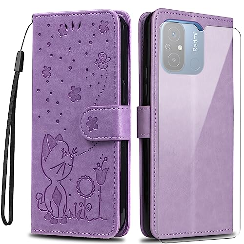 Hülle kompatibel mit Xiaomi Redmi 12C / Xiaomi Poco C55, Violett PU Leder Flip Brieftasche Handyhülle mit EIN Gehärtetes Glas Schutzfolie für Xiaomi Redmi 12C / 11A / Poco C55 von crisant