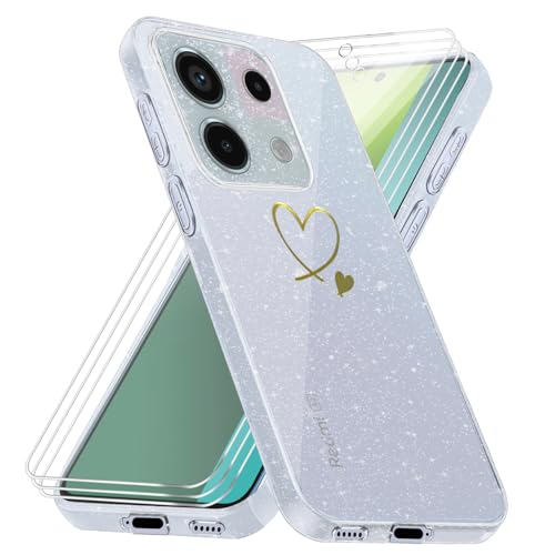 Klar Glitzer Hülle kompatibel mit Redmi Note 13 Pro 5G / Poco X6 5G (Nicht für 4G), Transparent Weich TPU Handyhülle mit 3 Stück Gehärtetes Glas Schutzfolie Displayschutzfolie für Redmi Note 13 Pro 5G von crisant