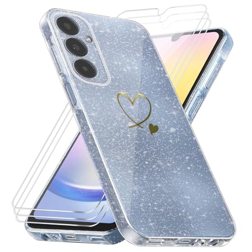 Klar Glitzer Hülle kompatibel mit Samsung Galaxy A25 5G, Transparent Weich TPU Handyhülle mit 3 Stück Gehärtetes Glas Schutzfolie Displayschutzfolie für Samsung Galaxy A25 5G von crisant