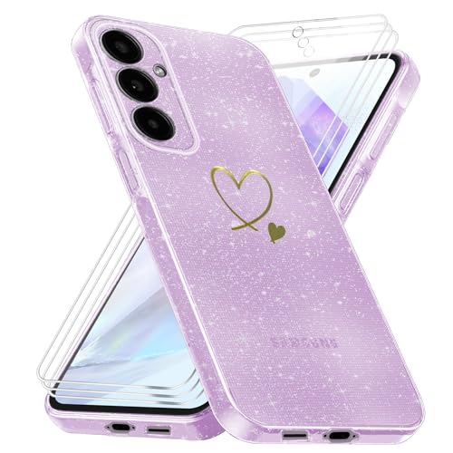 Klar Glitzer Hülle kompatibel mit Samsung Galaxy A55 5G, Transparent Weich TPU Handyhülle mit 3 Stück Gehärtetes Glas Schutzfolie Displayschutzfolie für Samsung Galaxy A55 5G von crisant