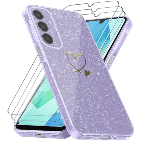 crisant Handyhülle Kompatibel mit Samsung Galaxy A16 4G / 5G mit 3 Stücke Schutzfolie, Weich TPU Anti-Fingerabdruck Hülle, Glitzer und Absturzsicherung Schutzhülle (Lila) von crisant