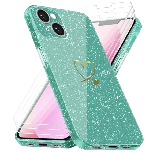 Handyhülle Kompatibel mit iPhone 13 mit 3 Stücke Schutzfolie, Weich TPU Anti-Fingerabdruck Hülle, Glitzer und Absturzsicherung Schutzhülle (Grün) von crisant
